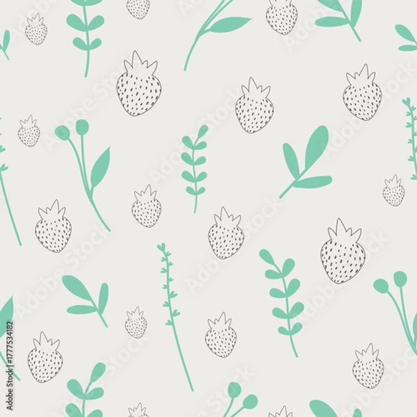 Fototapeta Pale Gray Minimalist Berry and Leaf Seamless Pattern. Mint Scandinavian Outline Vector.