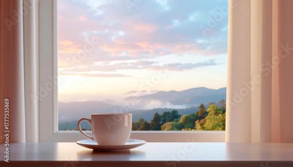 Obraz Caffeine effects on sleep can be influenced by enjoying cup of coffee at sunrise with peaceful mountain view