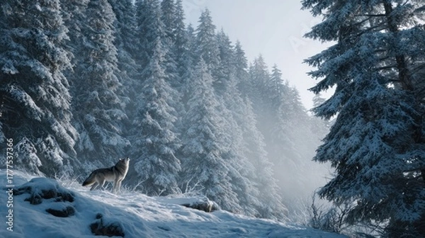 Fototapeta A snowy forest with a wolf howling in the distance,