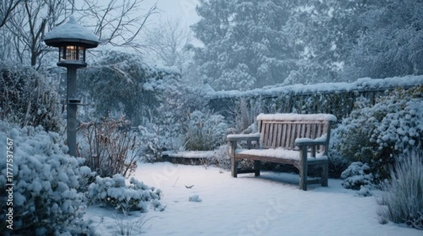 Obraz A snowy garden with a bench and a bird feeder,