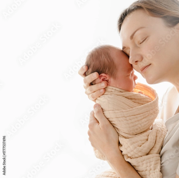 Fototapeta Beautiful mother kissing her baby. Authentic photography of mother holding her newborn baby after labor. Newborn in mother's hands. Baby care. Childbirth and motherhood concept.