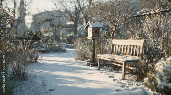 Fototapeta A snowy garden with a bench and a bird feeder,
