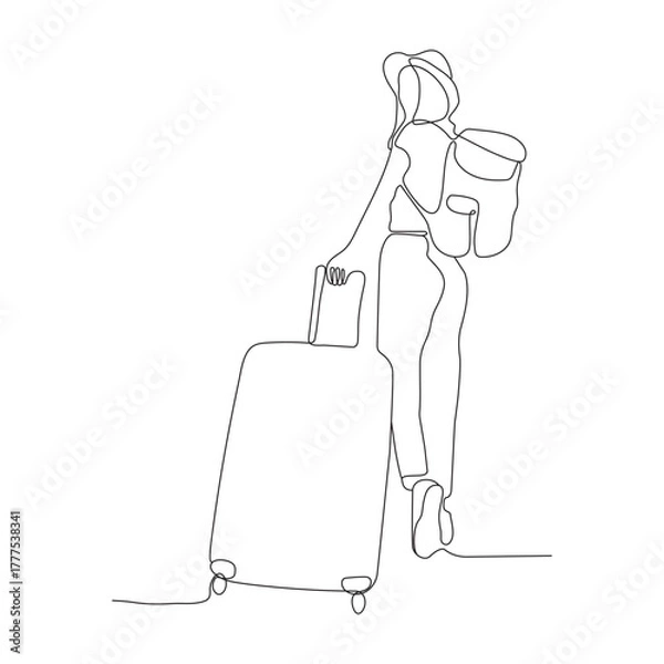Obraz Continuous line drawing of traveler woman with luggage single line art.