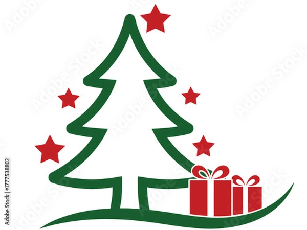 Fototapeta A stylized Christmas tree is decorated with red stars and sits next to two gifts.