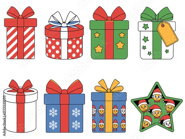 Fototapeta A collection of colorful gift boxes and a star-shaped container with Christmas-themed emojis.