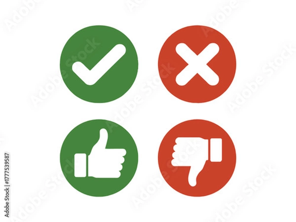 Fototapeta Checkmark, cross mark, thumbs up, and thumbs down icons against a white background.