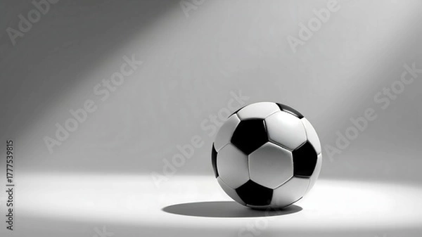 Fototapeta Classic black and white soccer football ball close-up isolated on a high-key gray background with dramatic studio lighting and a clean shadow