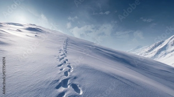Obraz A snowy hill with a single set of footprints leading away,