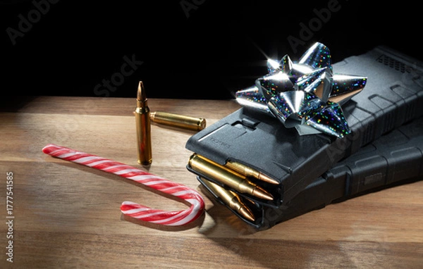 Fototapeta AR-15 magazines and a candy cane on the table