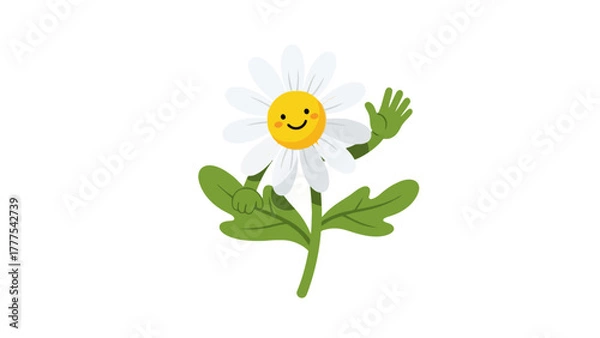 Fototapeta A cartoon daisy character with a smiling face and waving hand