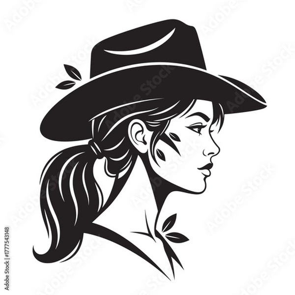 Fototapeta Stylish woman in wide‑brim fedora hat, side profile boho fashion portrait, elegant monochrome vector