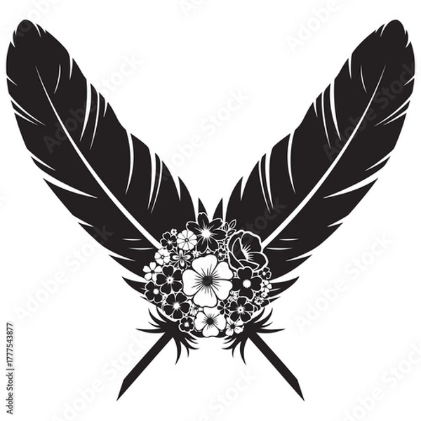 Fototapeta Crossed boho feathers with floral bouquet, rustic bohemian ornament, black and white vector illustration