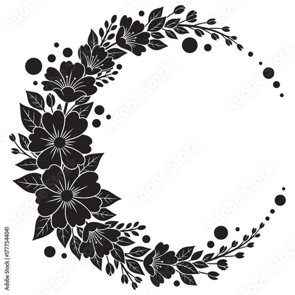 Fototapeta Floral crescent wreath frame of leaves and blossoms, elegant botanical line art, black and white vector