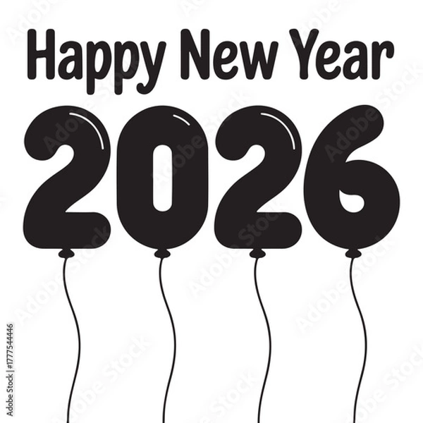 Fototapeta Happy New Year 2026 with Balloons – Festive Monochrome Vector