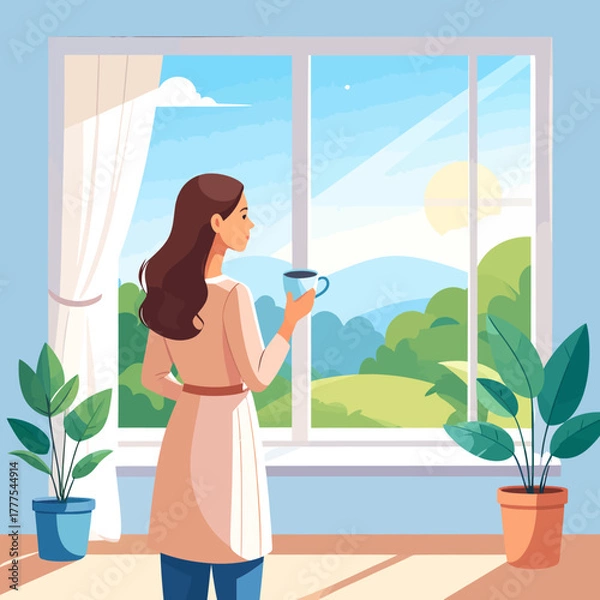 Obraz Young woman with long brown hair, wearing a casual robe and jeans, holding a blue coffee cup while standing in a relaxed, contemplative pose.