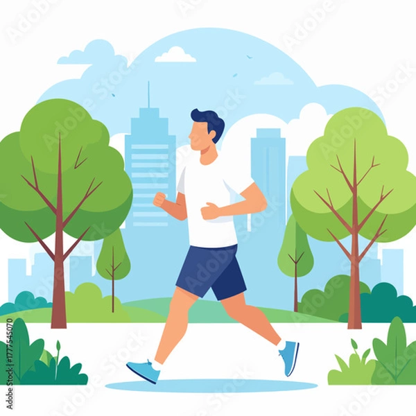 Fototapeta Man jogging in a park, wearing a white t-shirt and blue shorts, running with a determined expression.