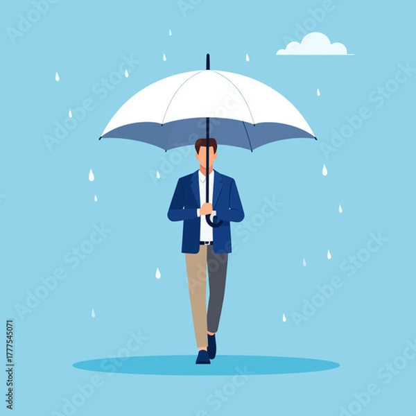 Fototapeta Professional man walking under a wide white umbrella in the rain, protected from raindrops.