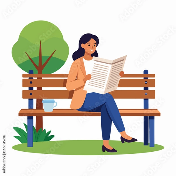 Fototapeta Woman reading newspaper on a park bench, wearing a blazer and blue pants.