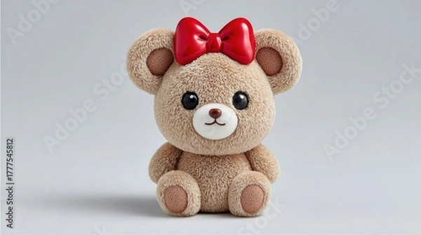 Obraz Cute plush teddy bear with red bow on head, isolated on white background. Detailed professional photograph in natural light for gift or childhood theme.
