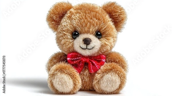 Fototapeta Professional product photo of plush teddy bear with red bow tie, isolated on white in natural light. High-quality image for toy packaging, brand advertising, or e-commerce.