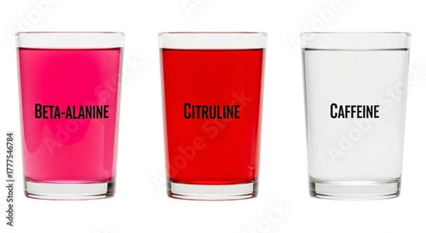 Obraz Three glasses of colorful liquid with labels betaalanine, citrulline, and caffeine isolated on transparent background