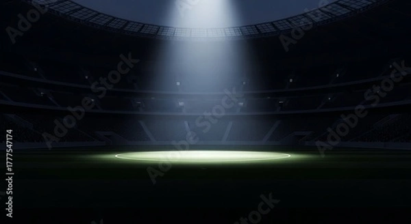 Fototapeta A single, powerful spotlight dramatically illuminates the green playing field of a vast, empty stadium at night, creating an atmosphere of anticipation before a major event or performance