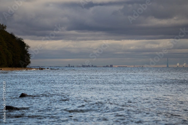 Fototapeta Distant city skyline across sea with forested coastline under cloudy sky.