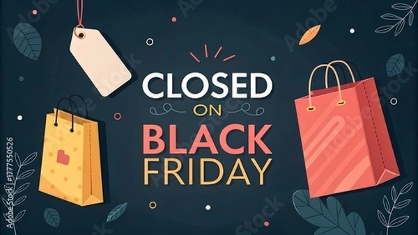 Fototapeta ''Closed on Black Friday sign with shopping bags and price tag on a dark background for holiday retail messaging''