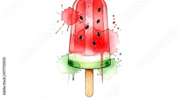 Obraz Watercolor Watermelon Popsicle Illustration with Splatters and Drips.