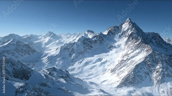 Obraz A snowy mountain range under a clear blue sky,