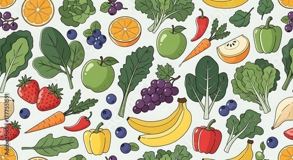Obraz Vibrant Assortment of Fresh Fruits and Vegetables Seamless Pattern.