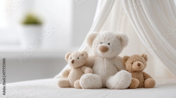 Fototapeta Soft teddy bears sit together under a delicate canopy in a bright and cheerful children's bedroom. Sunlight fills the space, creating a warm atmosphere perfect for play