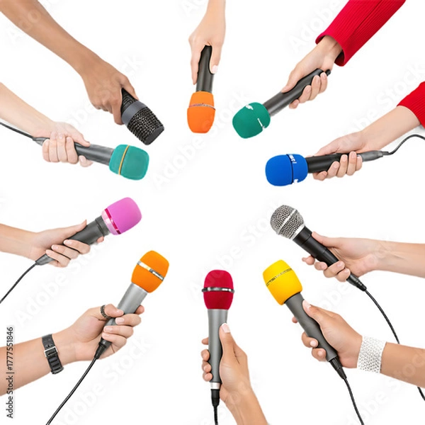 Obraz many journalist's hands holding colorful microphones in round isolated on a transparent background