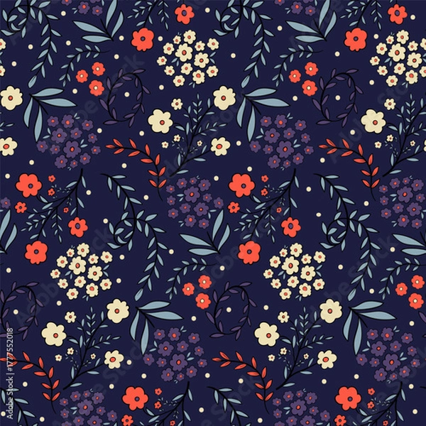 Fototapeta Seamless floral pattern with red, cream, and purple flowers on a dark navy background. Elegant and vintage-inspired design