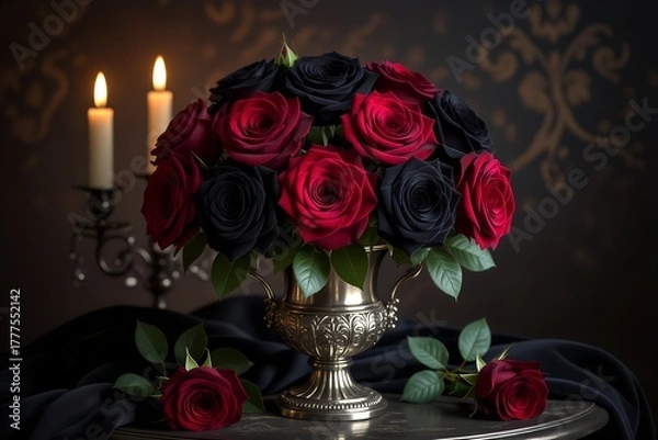 Fototapeta dark gothic roses in full bloom black and deep crimson petals ornate silver vase candlelight glow dramatic shadows moody atmosphere vintage baroque style