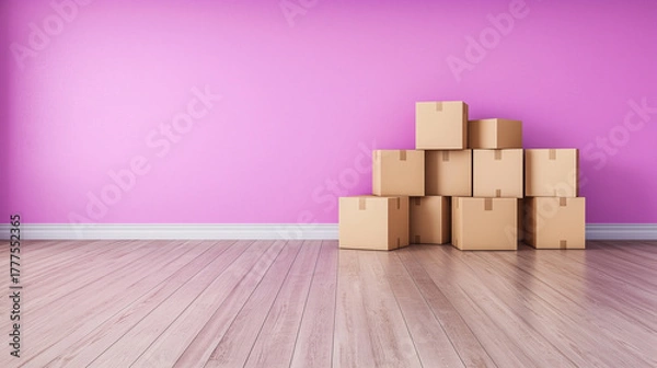 Fototapeta Cardboard boxes on wooden floor against empty pink wall. New apartment and moving concept