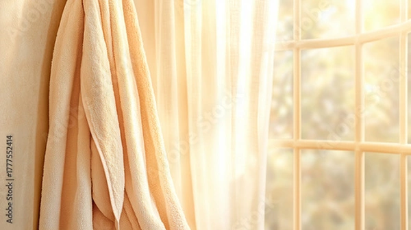 Fototapeta Inviting view of window and yellow curtains with warm sunlight