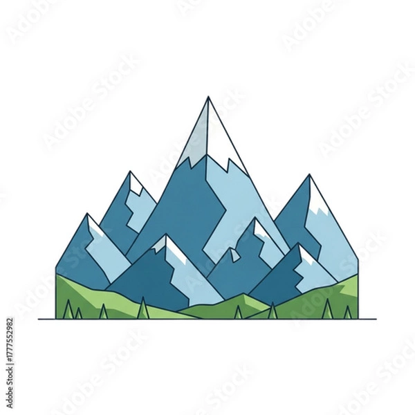 Fototapeta Stylized Mountain Range Illustration with Snow-Capped Peaks and Green Base.