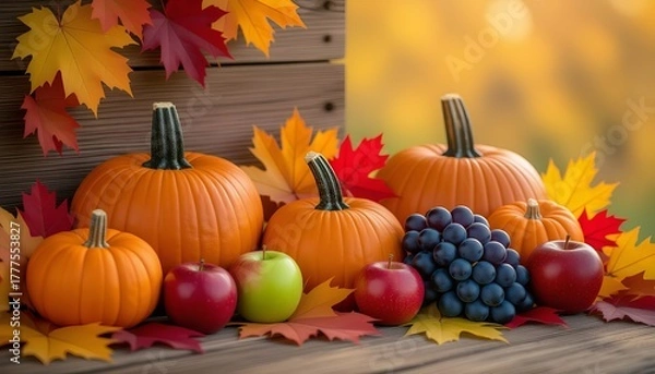 Fototapeta Pumpkins, Grapes, and Apples – Autumn Still Life 300 DPI. Perfect for fall-themed invitations, posters, or home decor. AI generated image