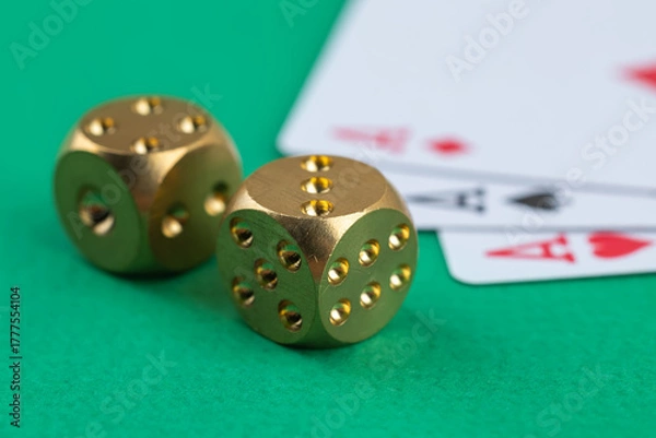 Fototapeta Playing cards and dices. Gambling concept. Green background
