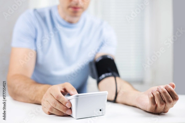 Fototapeta Hands with a tonometer on the table. Man in a shirt measures blood pressure with an electronic tonometer
