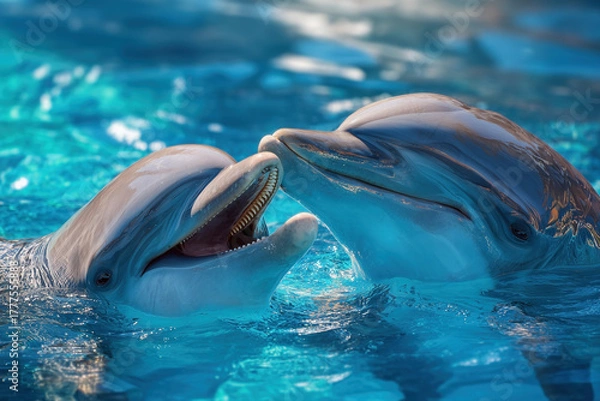 Obraz Two dolphins touching heads in blue water pool