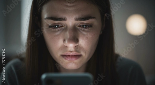 Obraz Young Woman Experiencing Cyberbullying on Phone in Dimly Lit Room for Awareness Campaigns, Social Media Platforms, Education Resources, and Blog Content