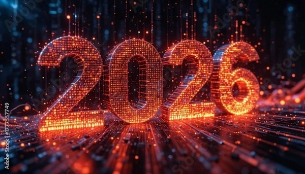 Fototapeta Conceptual 2026 Numbers in Glowing Orange and Red Digital Circuitry on a Dark Background