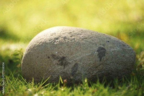 Fototapeta A single smooth grey rock rests peacefully in a sunlit green meadow.