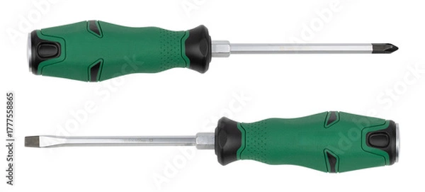 Fototapeta Slotted screwdriver and phillips screwdriver green colors isolated on white background
