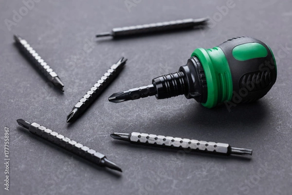 Fototapeta Stubby Screwdriver with bit on grey background