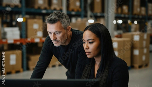 Obraz Logistics Team Reviewing Inventory Data in Modern Storage Facility