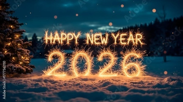 Fototapeta Happy New Year 2026 Sparkler Message in Snow
