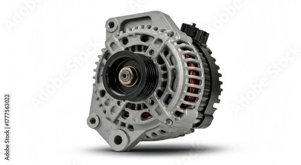 Obraz Silver metallic automotive alternator on white background, showcasing intricate details